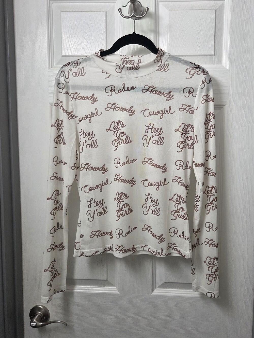 Western Mockneck Sheer Cream Graphic Long-Sleeve Top Rodeo Howdy Script Large - Picture 7 of 11